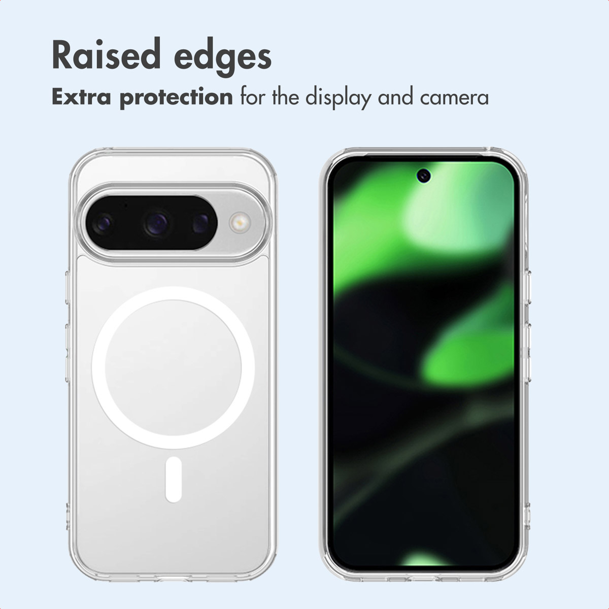 Cover trasparente con anello MagSafe sul retro e uno smartphone con display verde accanto.