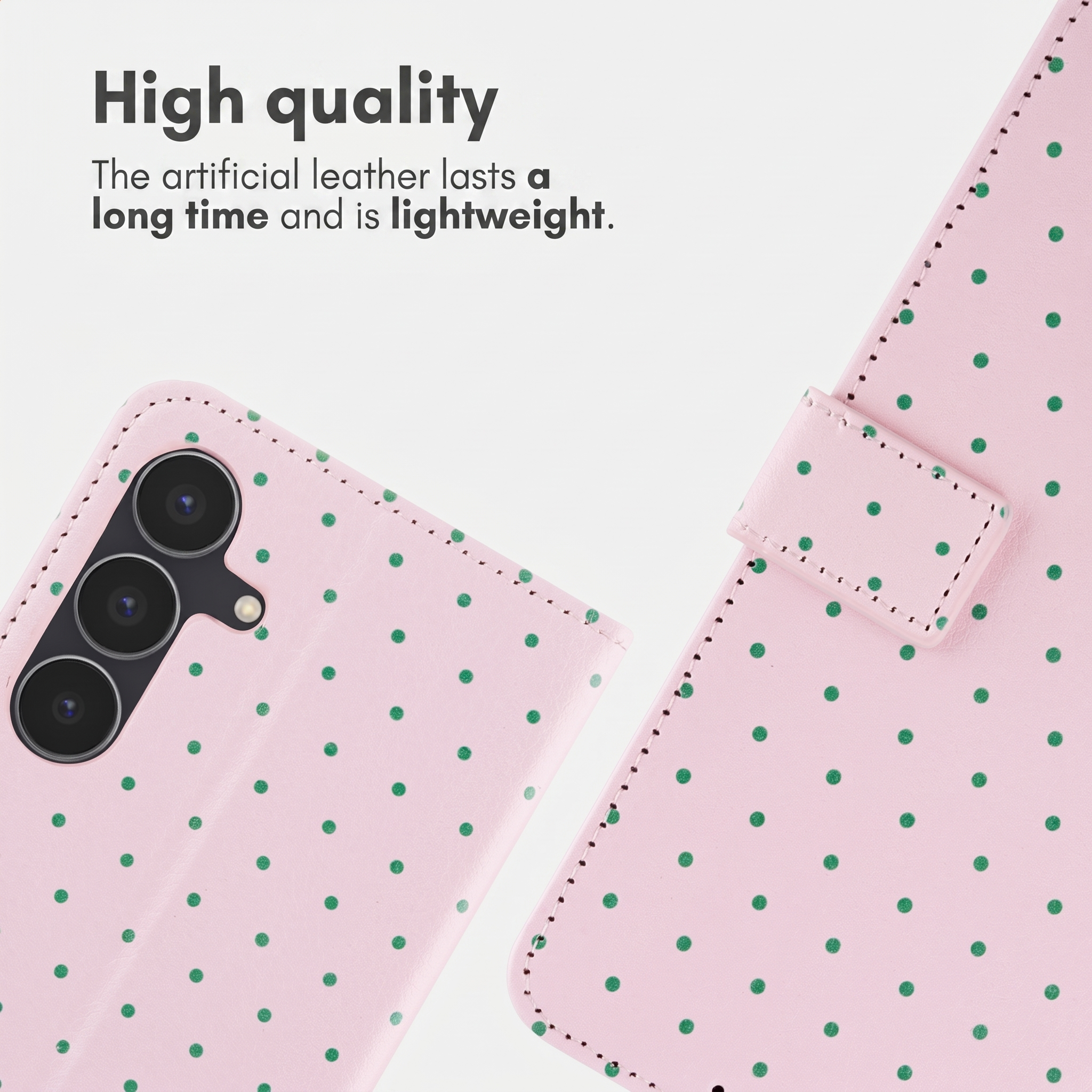 Roze kunstlederen telefoonhoesje met groene stippen en camera-uitsparing.