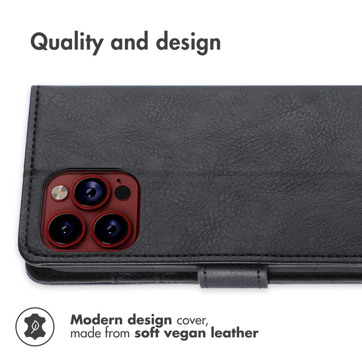 Schwarze vegane Leder-Handyhülle mit rotem Kameramodul.