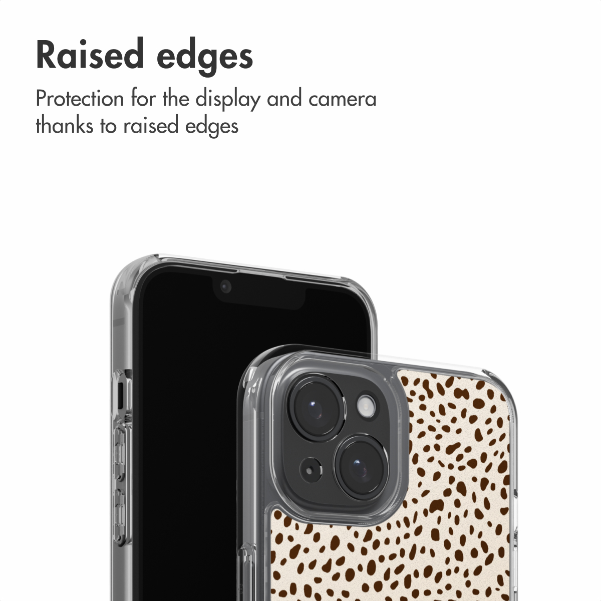 Verhoogde randen beschermen het scherm en de camera. De telefoon heeft een beschermhoesje met bruine vlekken.