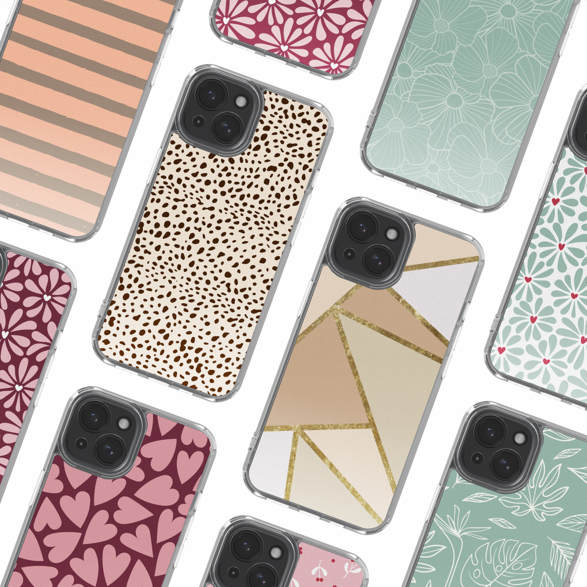 Meerdere kleurrijke telefoonhoesjes met verschillende patronen zoals strepen, harten en bloemen.