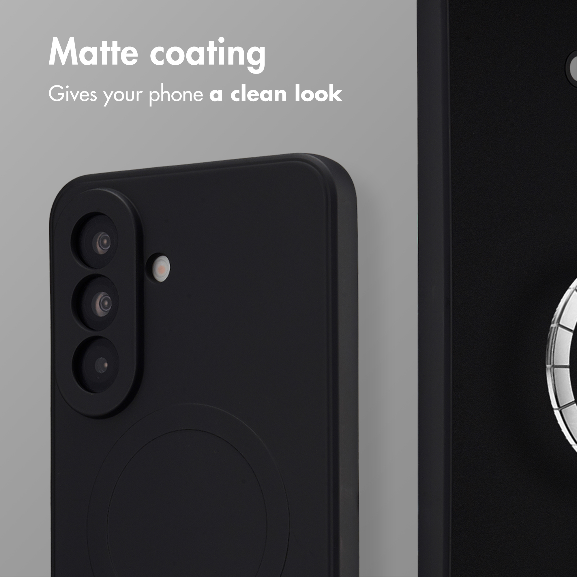 Custodia per smartphone nera con rivestimento opaco, tre obiettivi fotografici e testo.
