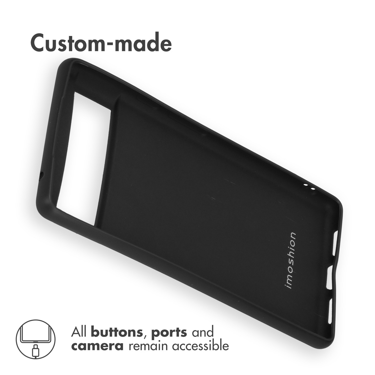 Custodia per telefono nera fatta su misura con ritagli per porte e pulsanti, con il logo Imoshion.