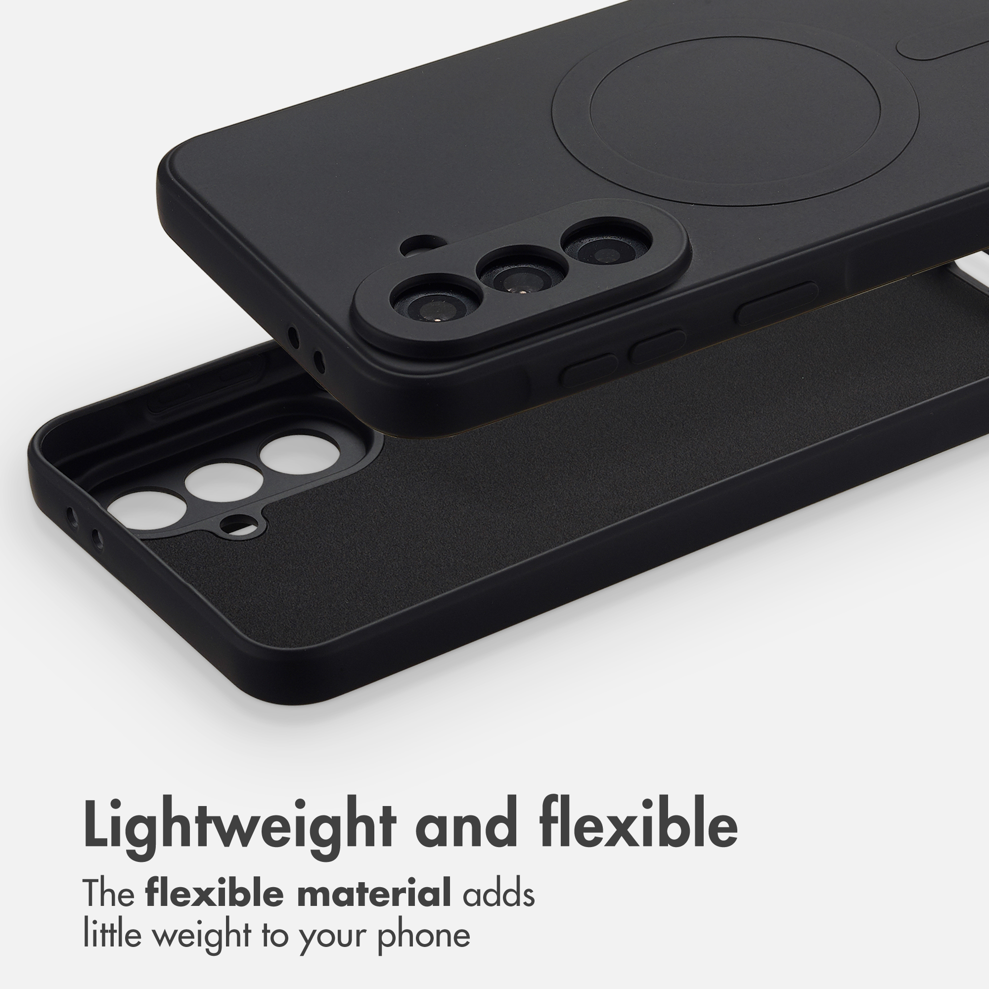 Custodia per smartphone nera, leggera e flessibile con anello magnetico sul retro.