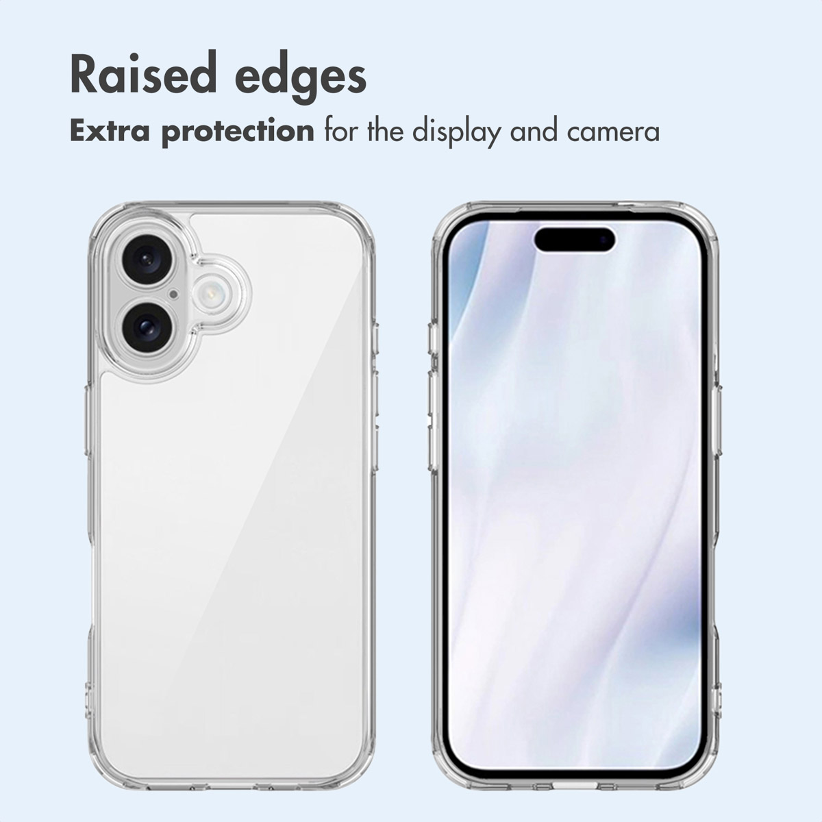 Uno smartphone in una custodia trasparente con bordi rialzati per proteggere schermo e fotocamera.