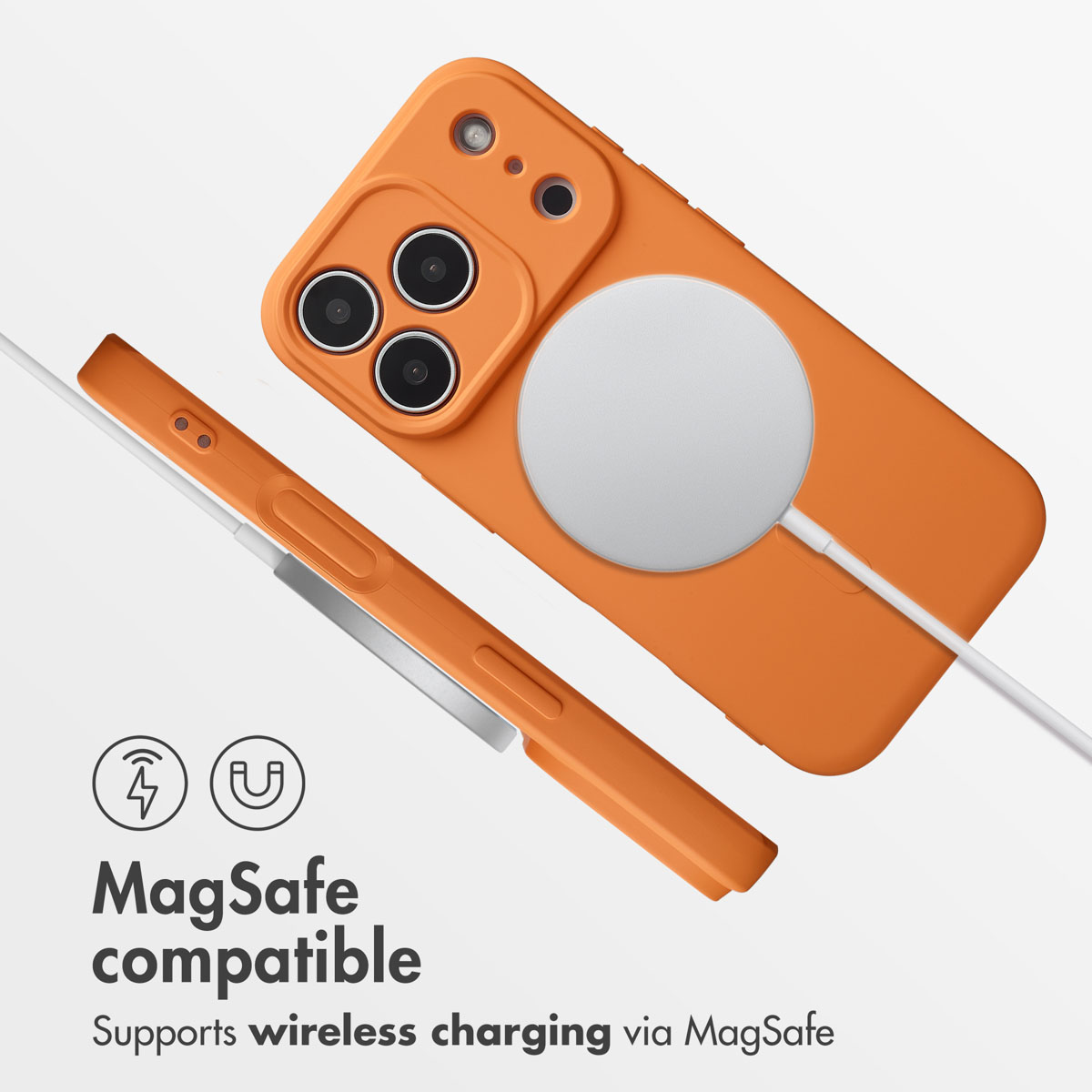 MagSafe-kompatible orangefarbene Telefonhülle mit kabellosem Ladegerät.