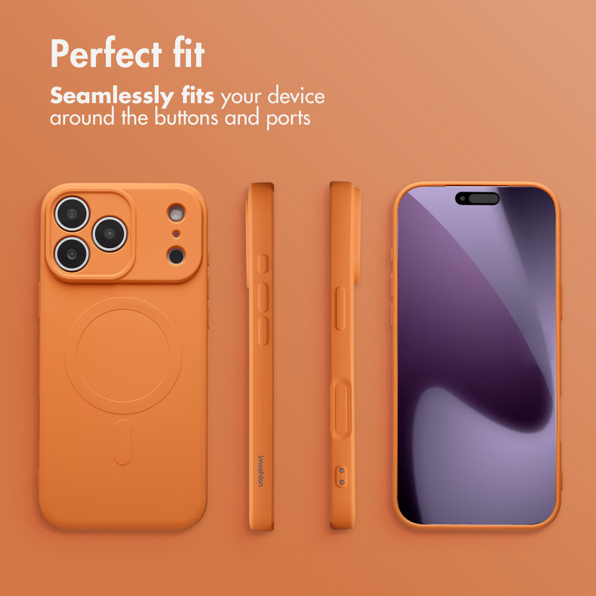 Eine orangefarbene Smartphone-Hülle wird aus verschiedenen Winkeln vor orangefarbenem Hintergrund gezeigt.