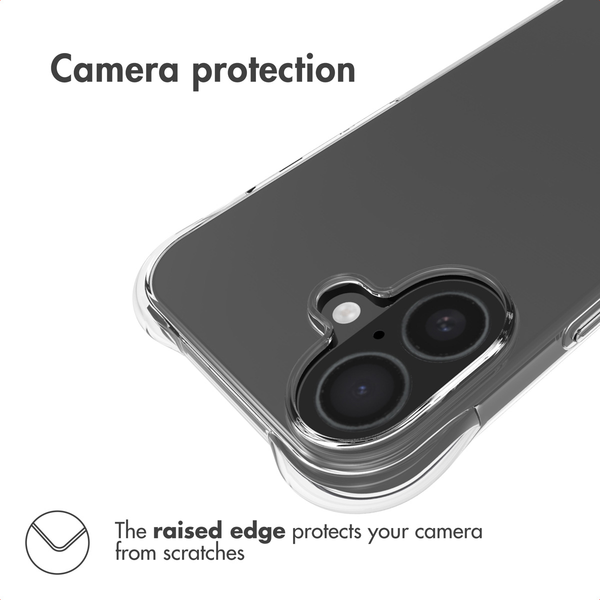 El borde elevado alrededor de la cámara de una funda transparente protege de arañazos.