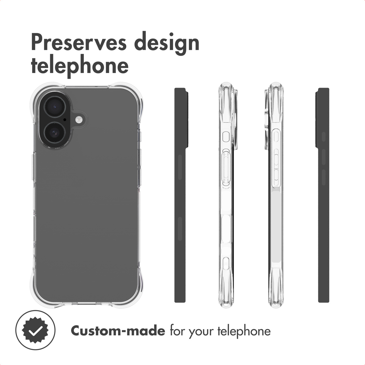 Funda transparente desde varios ángulos sobre fondo blanco con texto sobre su ajuste personalizado.