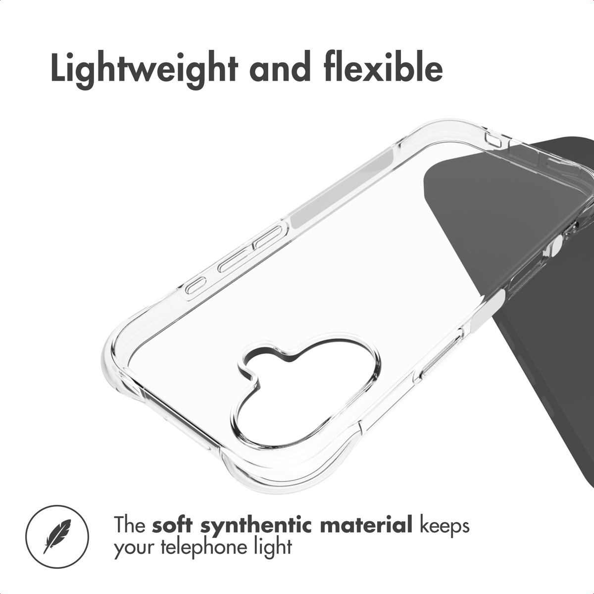 Una funda de teléfono transparente y flexible sobre una superficie oscura con texto.