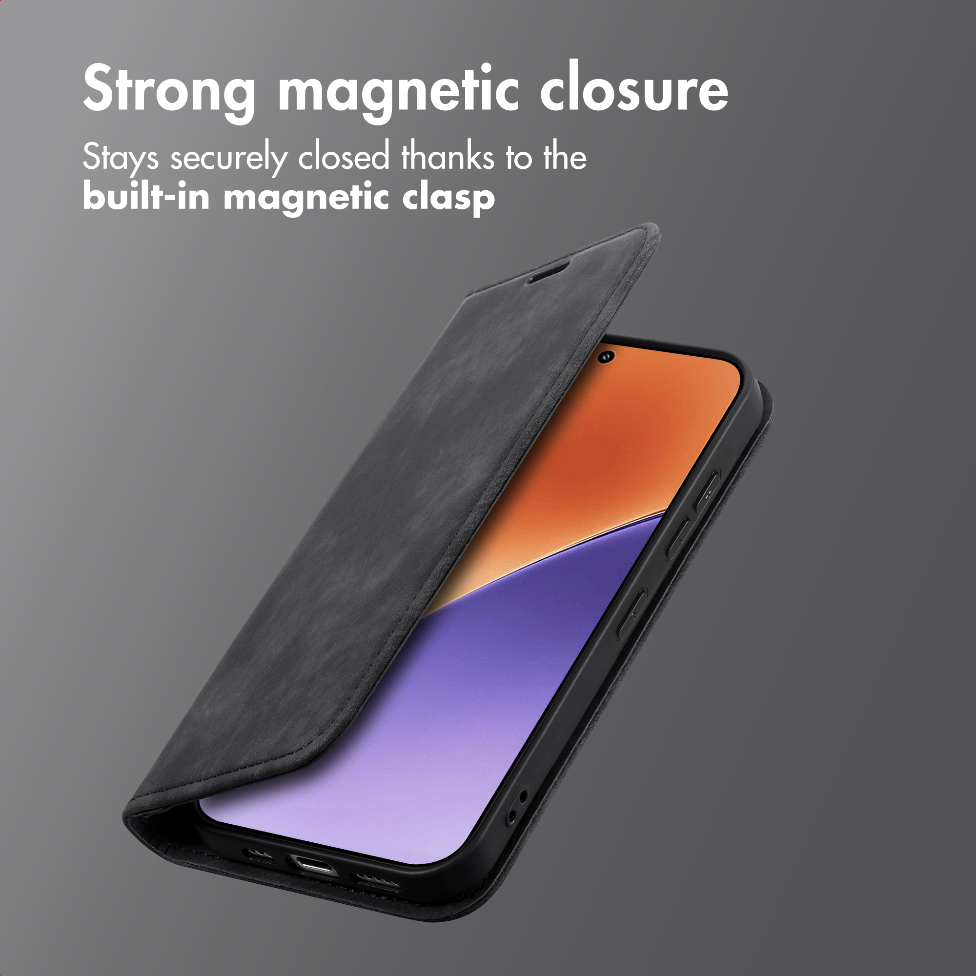 Un teléfono en funda negra con fuerte cierre magnético sobre fondo gris degradado.