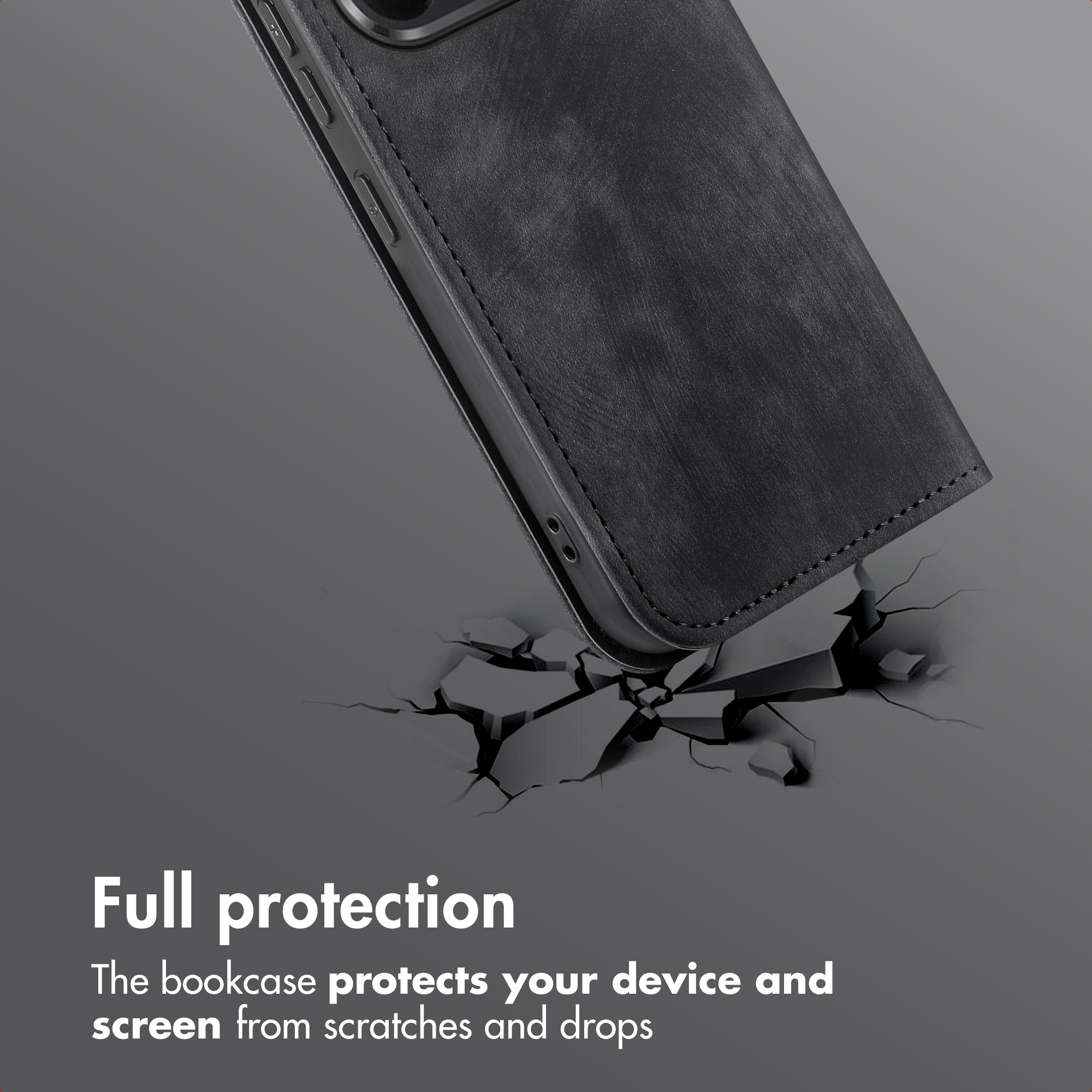 Funda de cuero negro para móvil protege de caídas, con gráfico de grieta.