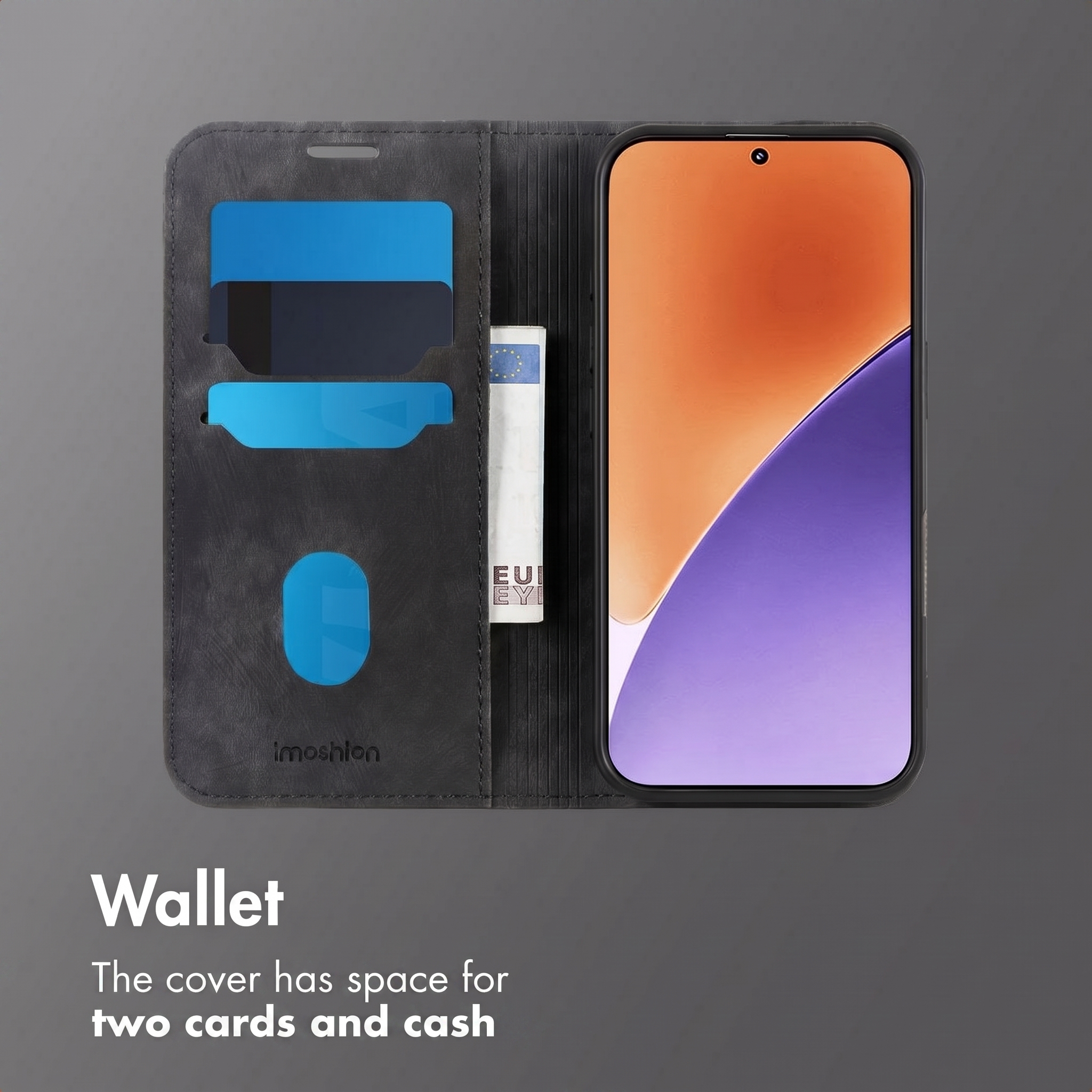 Funda de móvil de piel negra con ranuras para tarjetas, bolsillo para billetes y smartphone.