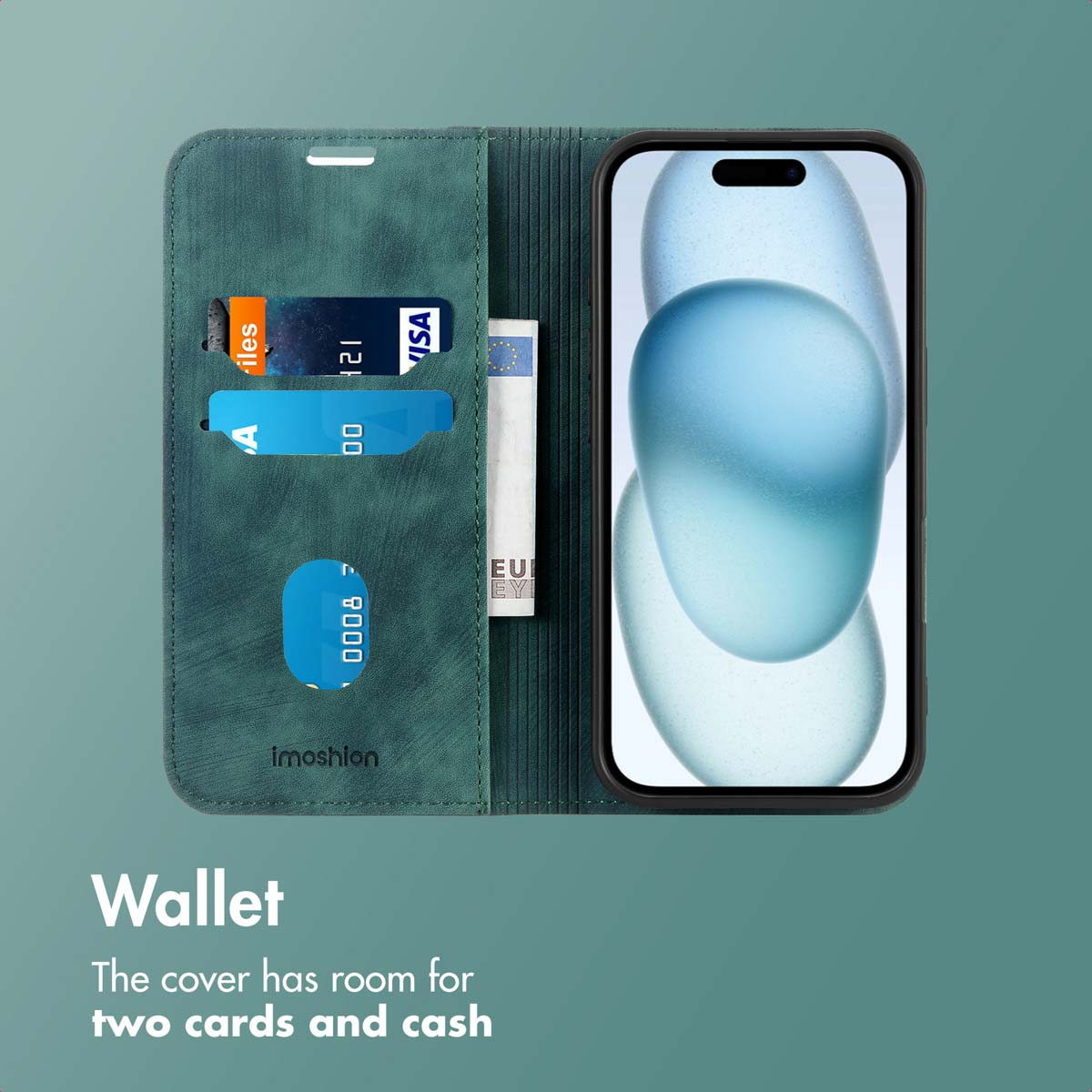 Étui portefeuille vert en cuir pour smartphone avec fentes pour cartes et billets.