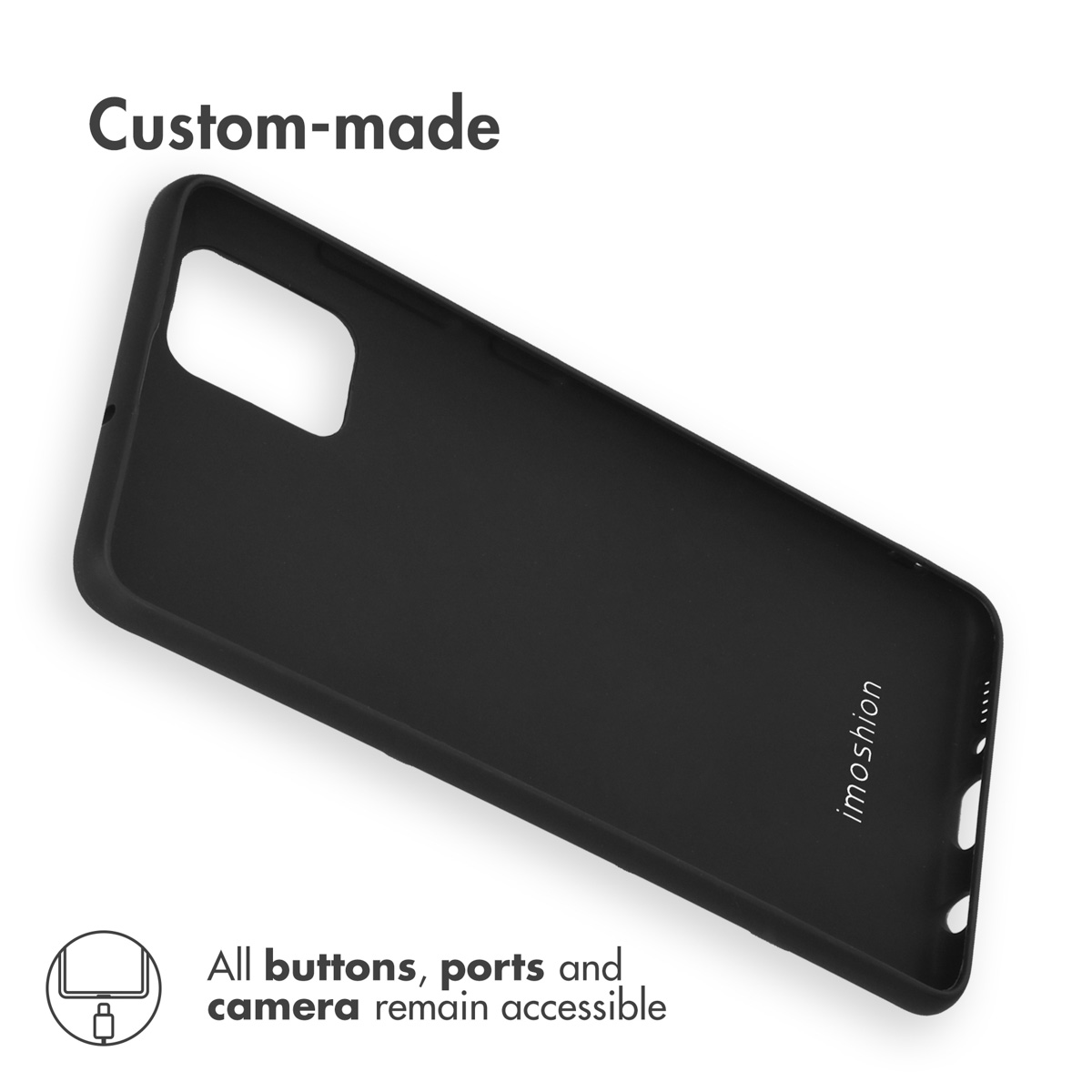 Une coque de smartphone noire et sur mesure avec découpe pour appareil photo et logo blanc.