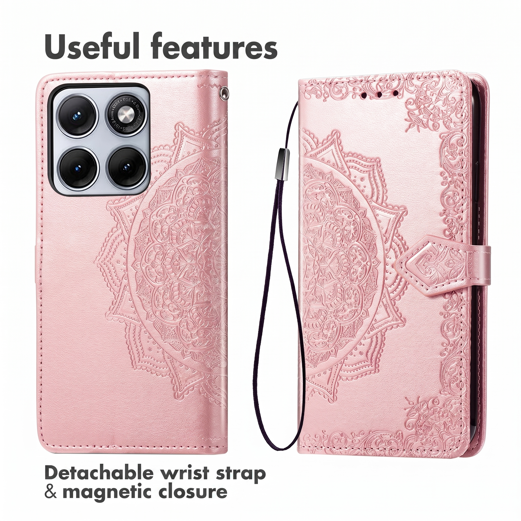 Coque de téléphone en similicuir rose avec motif mandala, dragonne et fermeture magnétique.