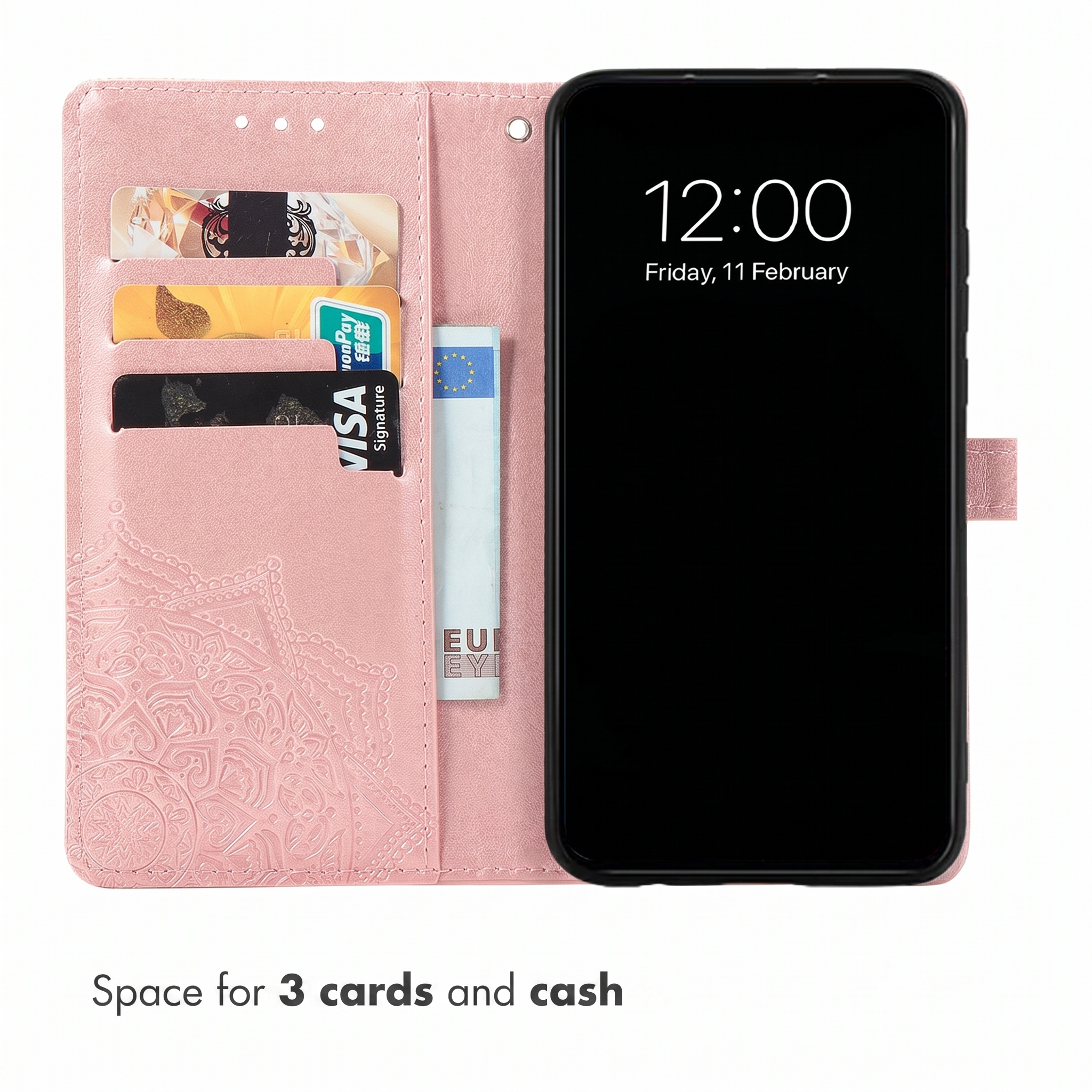 Étui de t éléphone rose avec motif mandala, trois fentes pour cartes et poche.