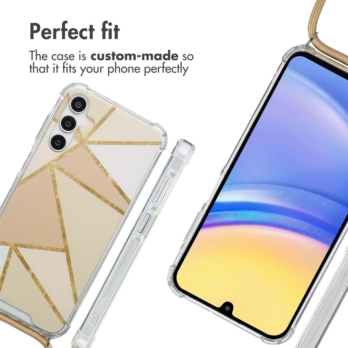Custodia per telefono trasparente con linee geometriche dorate e cordino.