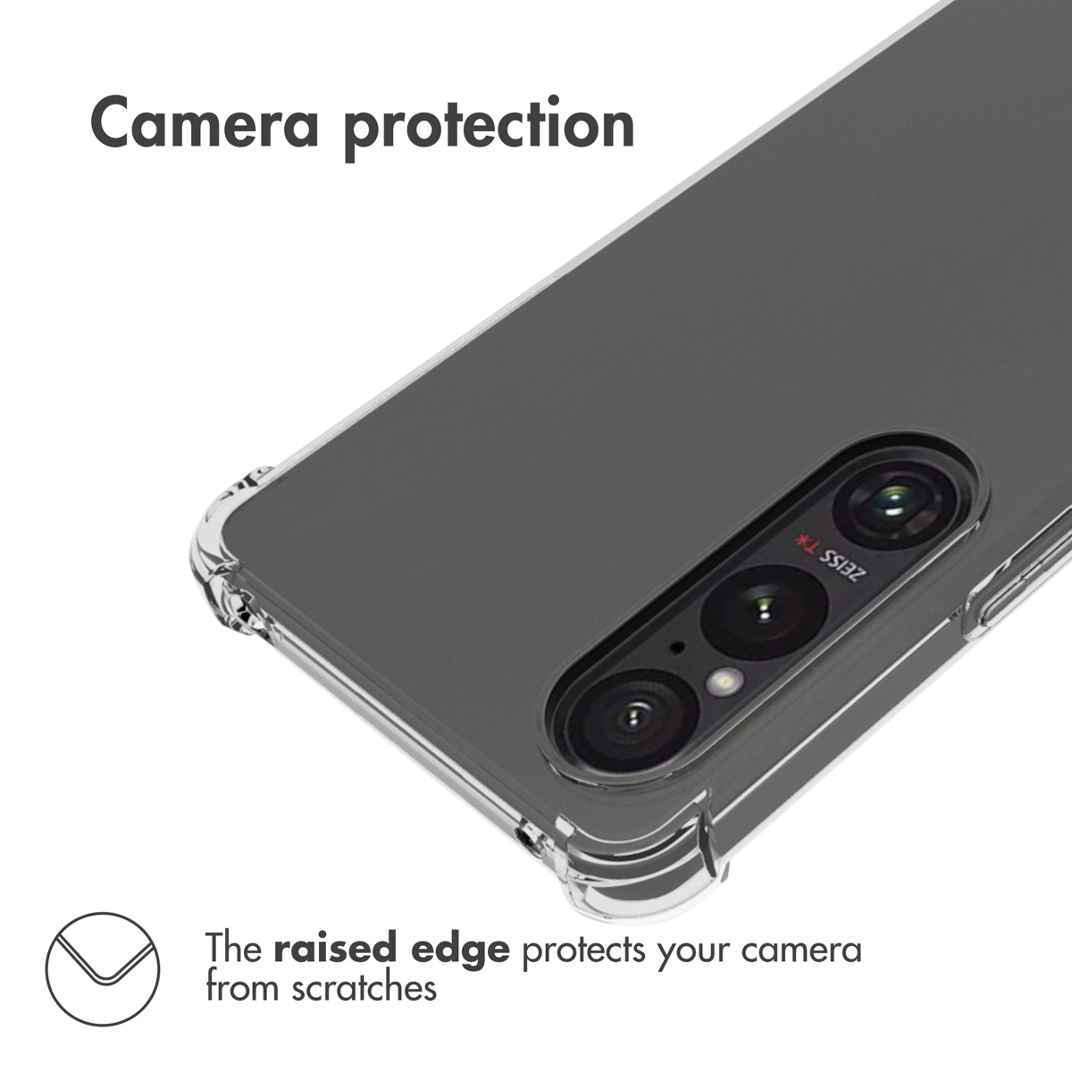 Un smartphone en funda transparente con bordes elevados alrededor de la cámara para evitar arañazos.