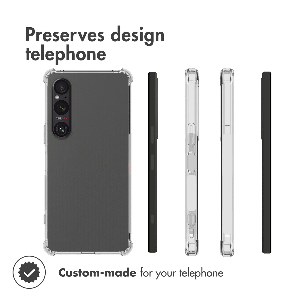 Funda transparente para teléfono mostrada desde varios ángulos.