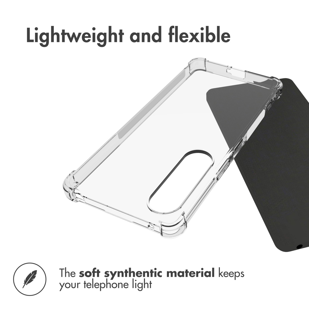 Fundas protectoras transparentes y flexibles para smartphones sobre fondo oscuro.