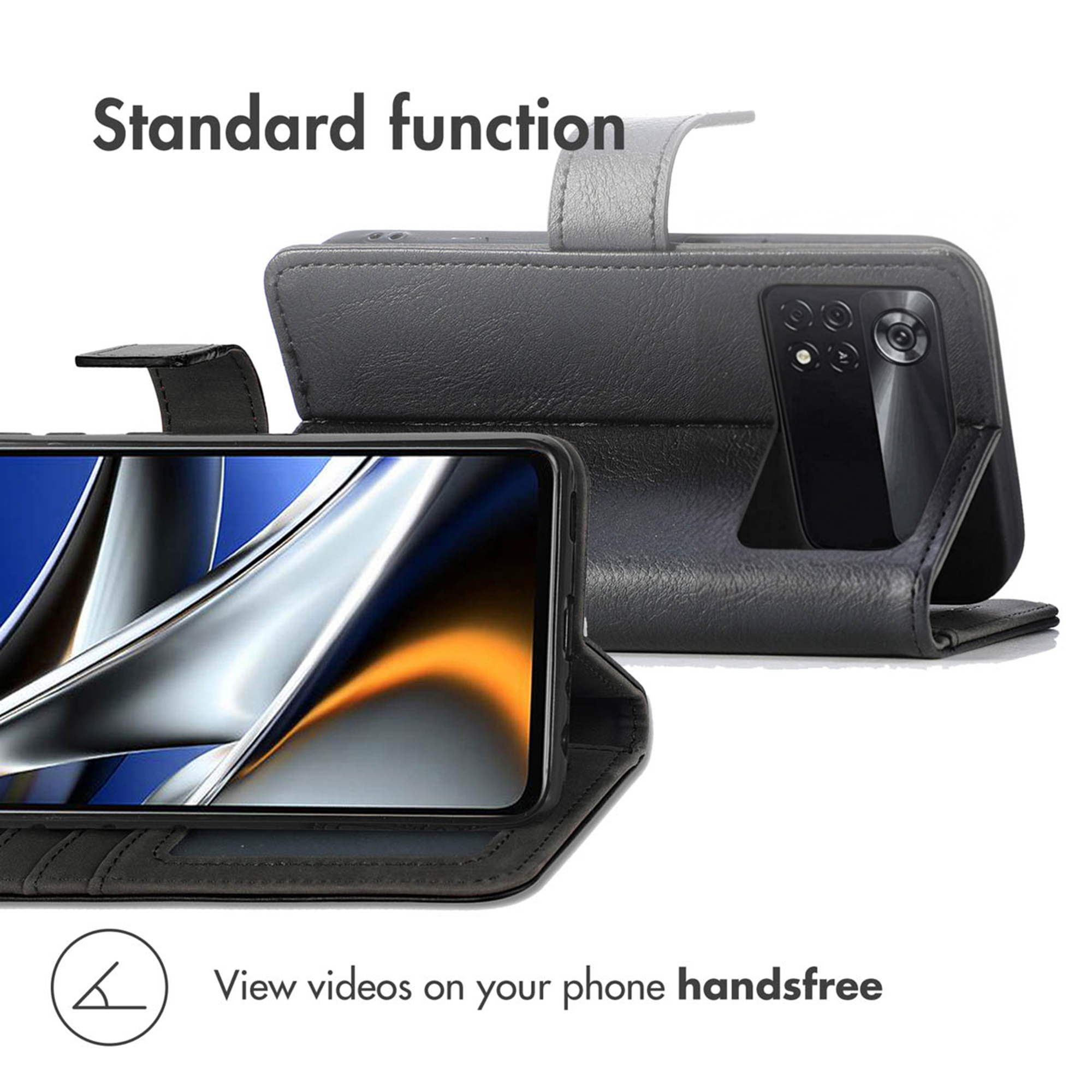 Custodia per cellulare in pelle nera con supporto per video.