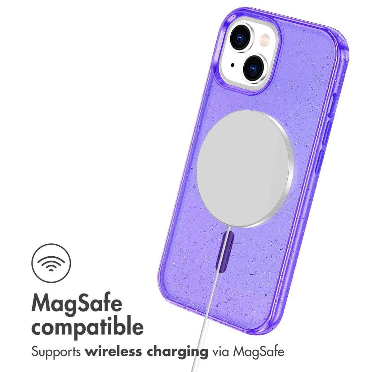 Glitterende paarse telefoonhoes met een ronde MagSafe-oplader.