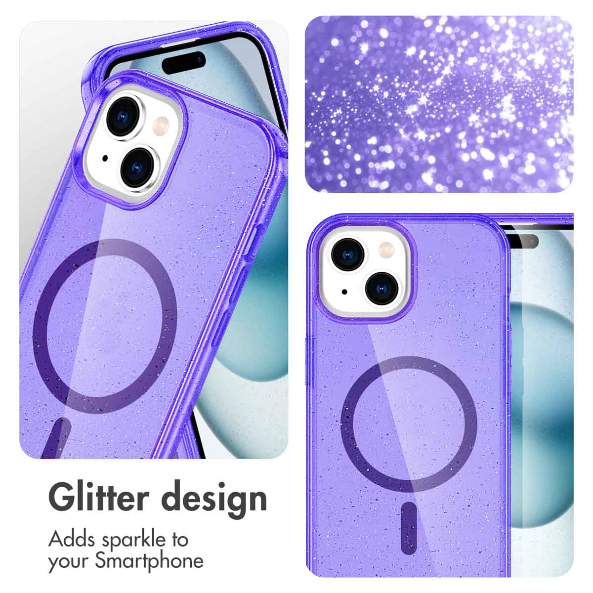 Paarse glitter smartphonehoesje met MagSafe ring.