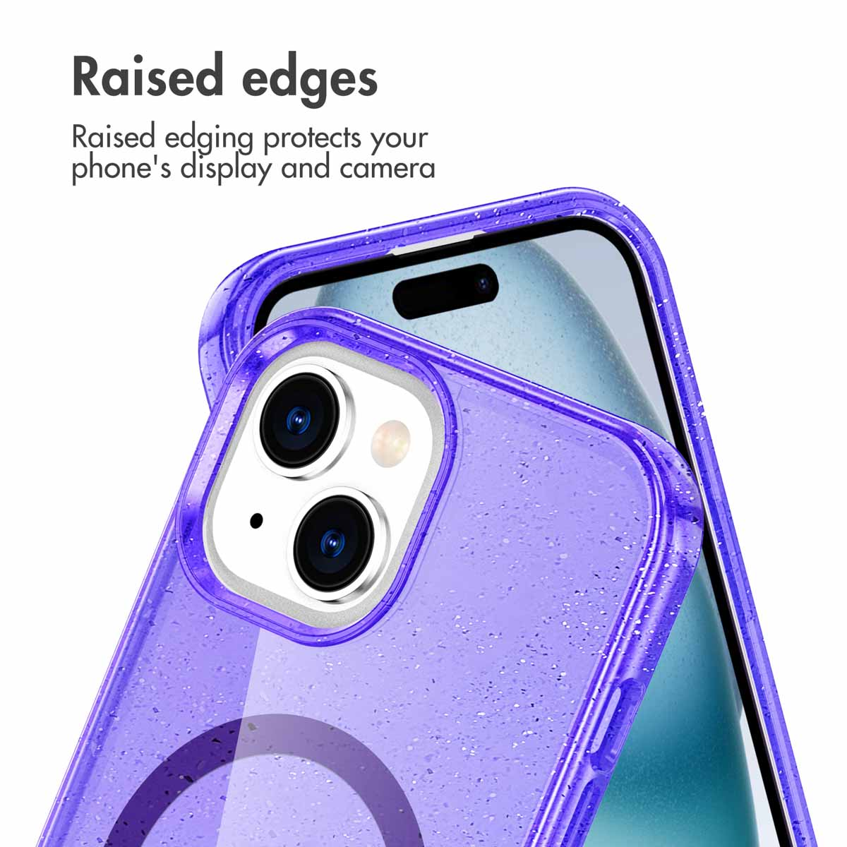 Paarse glitter telefoonhoes met opstaande randen voor scherm- en camerabescherming.