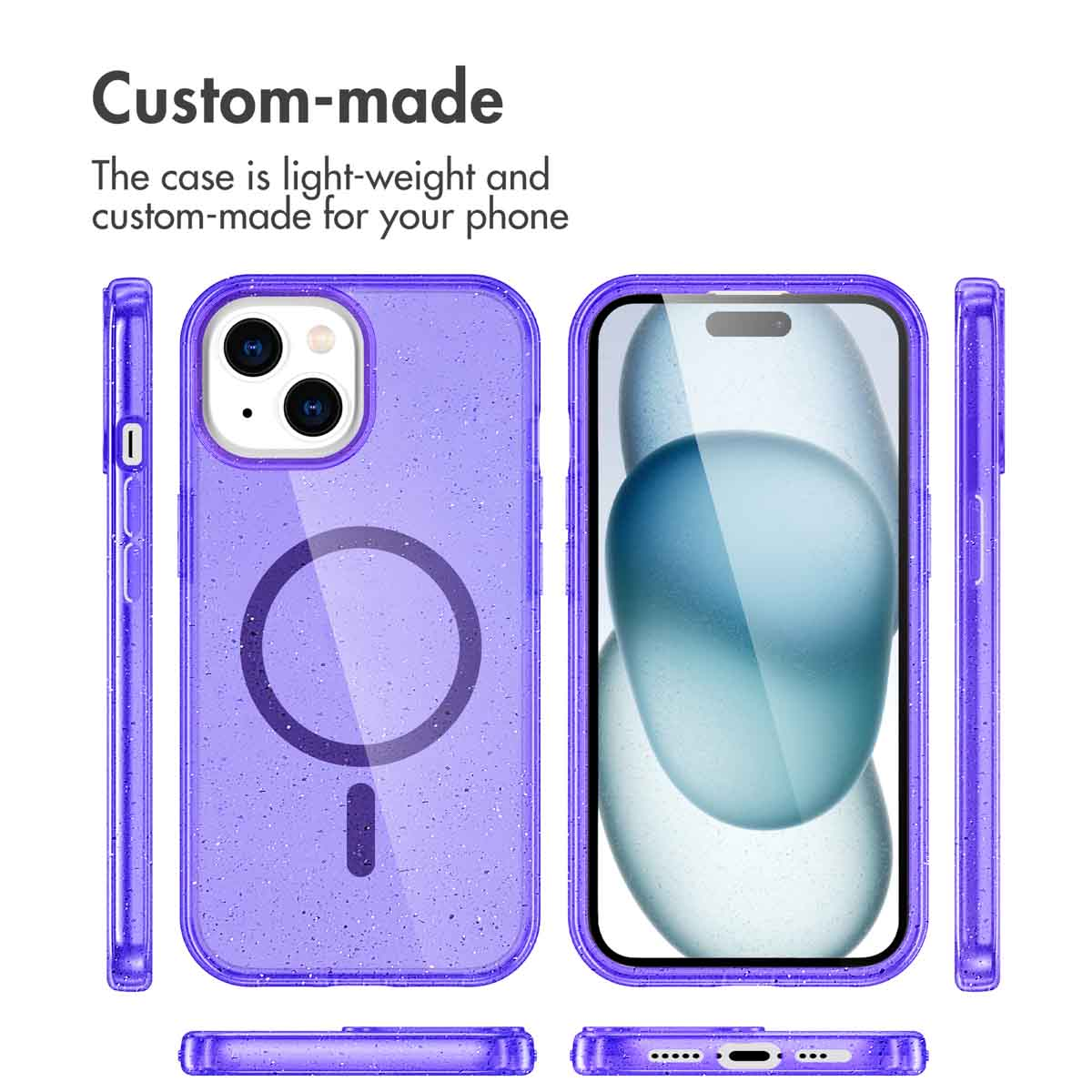 Paarse glinsterende telefoonhoes vanuit meerdere hoeken getoond met tekst over op maat gemaakt design.