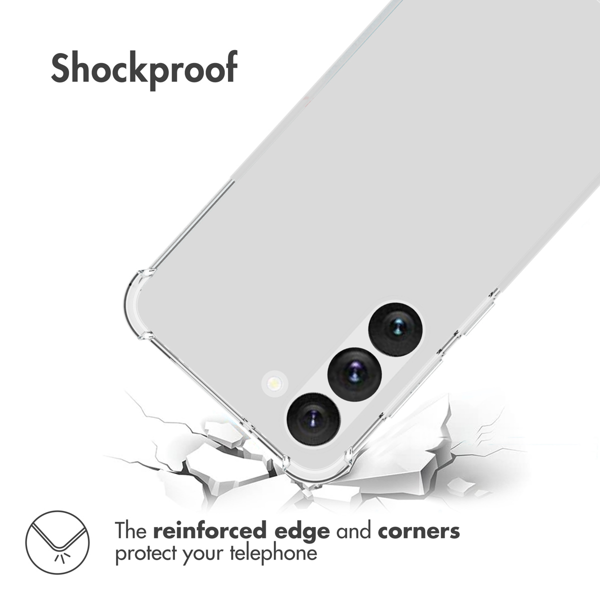 Une coque de protection transparente sur un téléphone à trois caméras et aux coins renforcés.