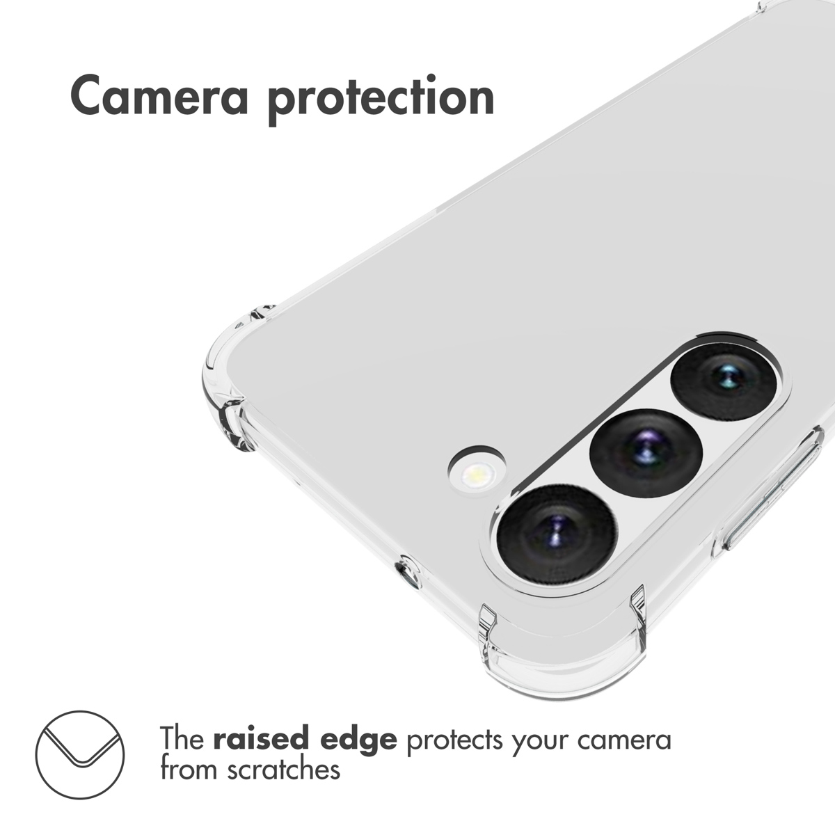 Coque transparente avec bord surélevé pour protéger les trois objectifs des rayures.