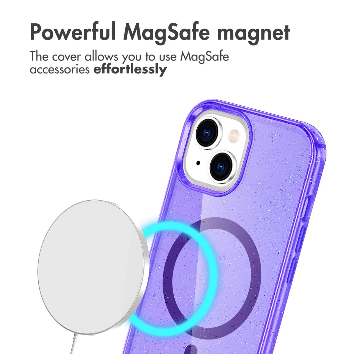 Glitterende paarse telefoonhoes met MagSafe magnetische ring en lader.