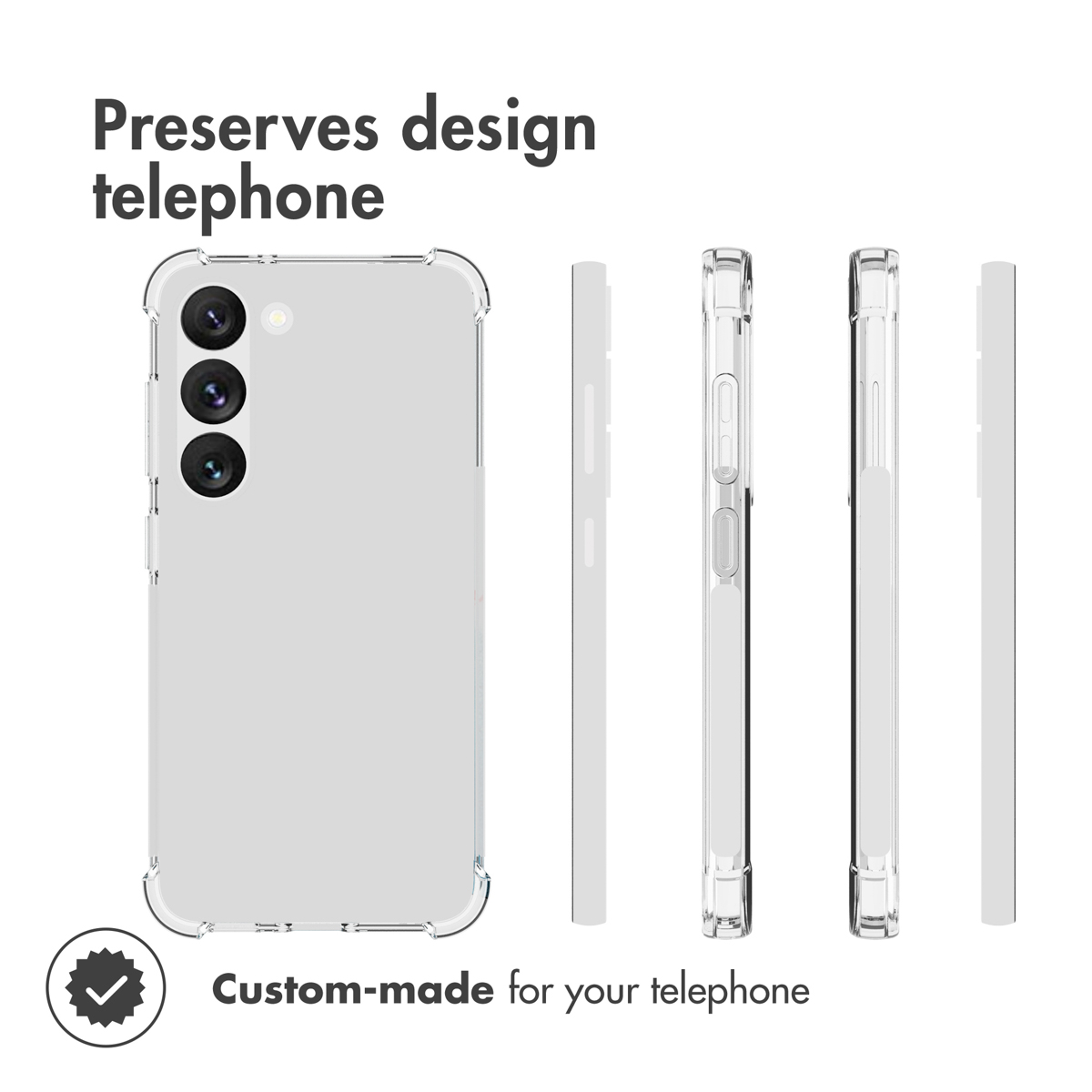 Coque de protection transparente pour smartphone avec trois caméras, vue sous plusieurs angles.