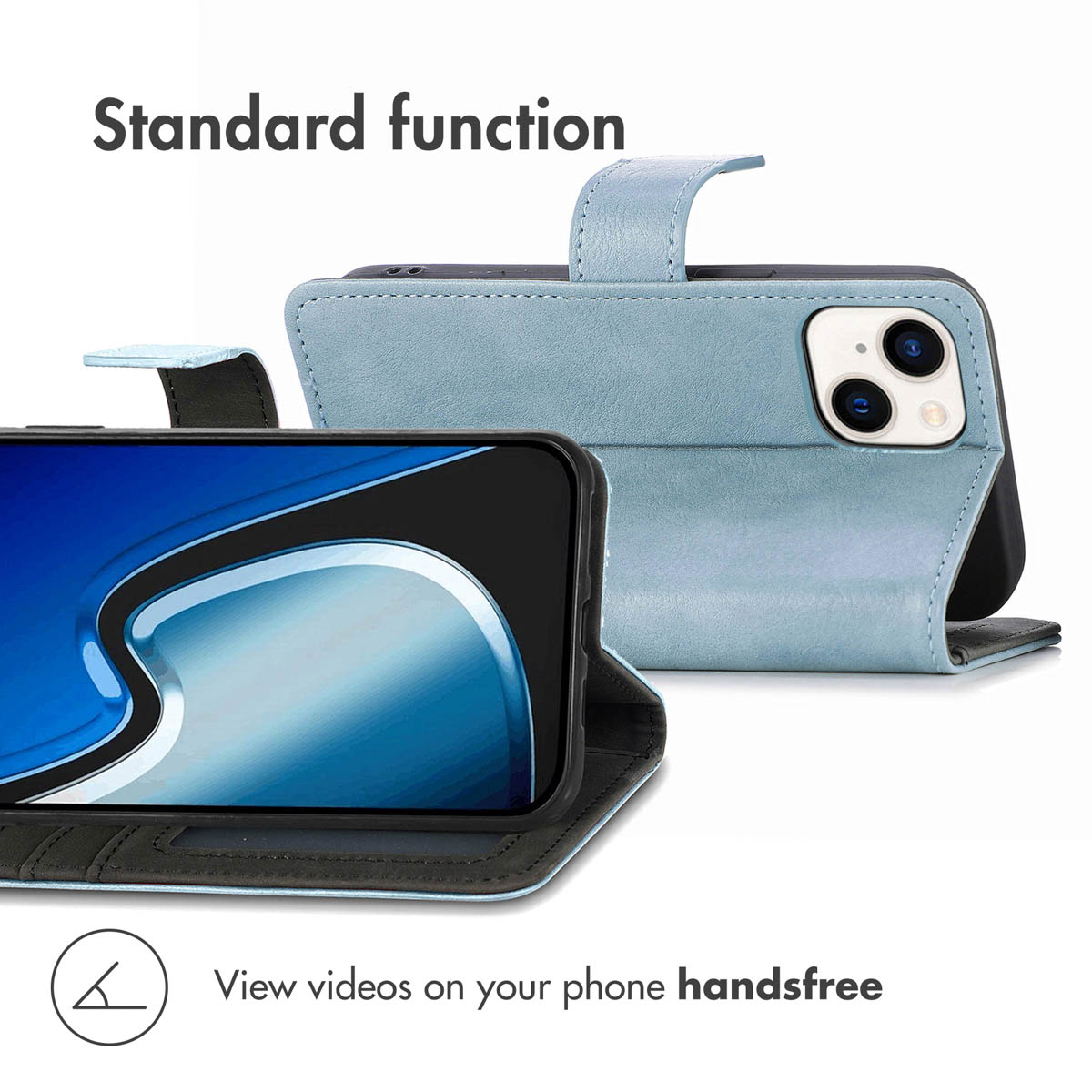 Blue leather phone case with stand function and text.