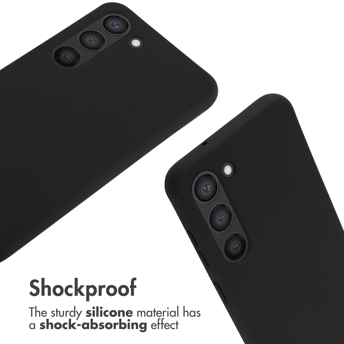 Due cover per telefono in silicone nero viste da dietro su sfondo bianco con testo sul materiale antiurto.