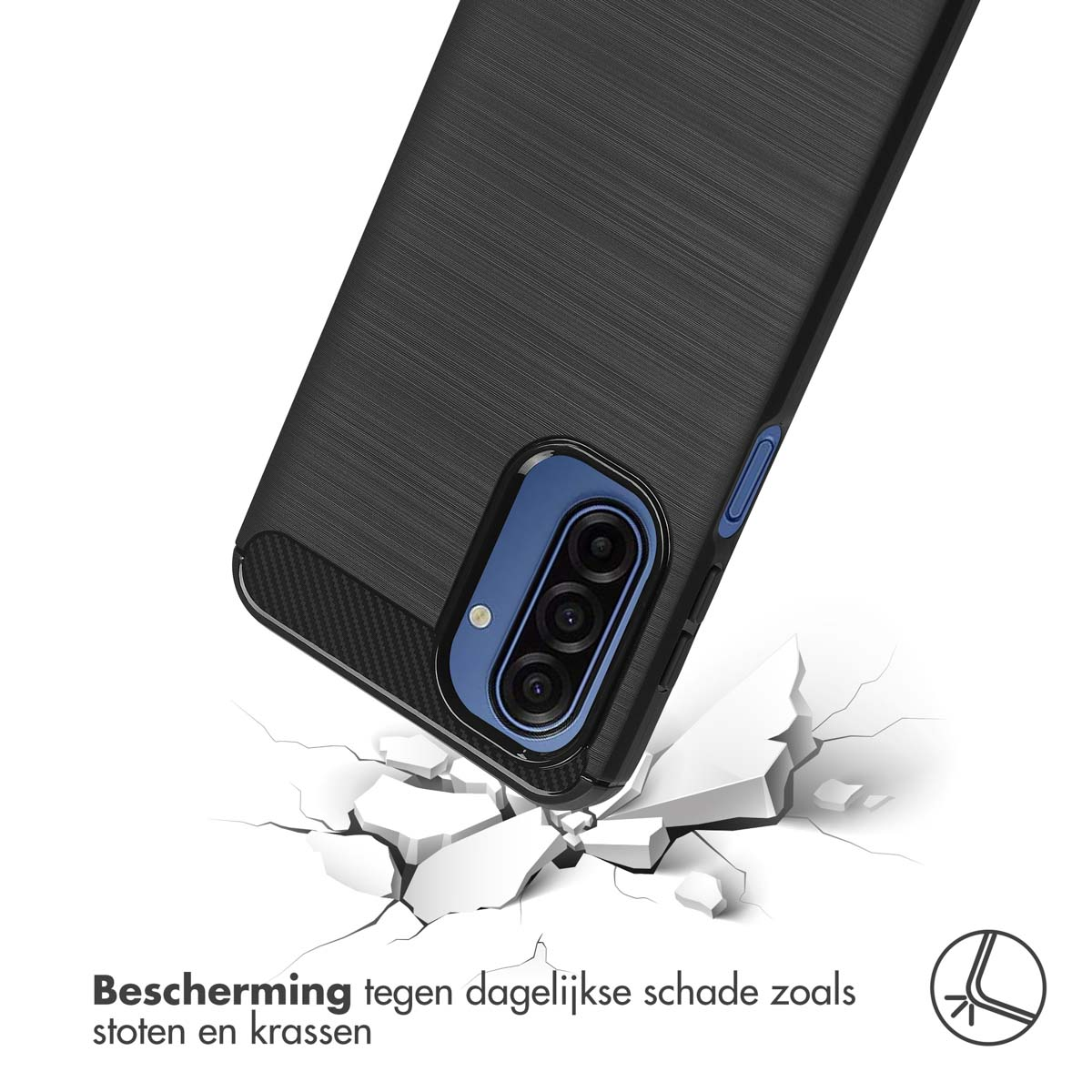 Une coque de téléphone noire et bleue protège contre les dommages, avec du texte en néerlandais.