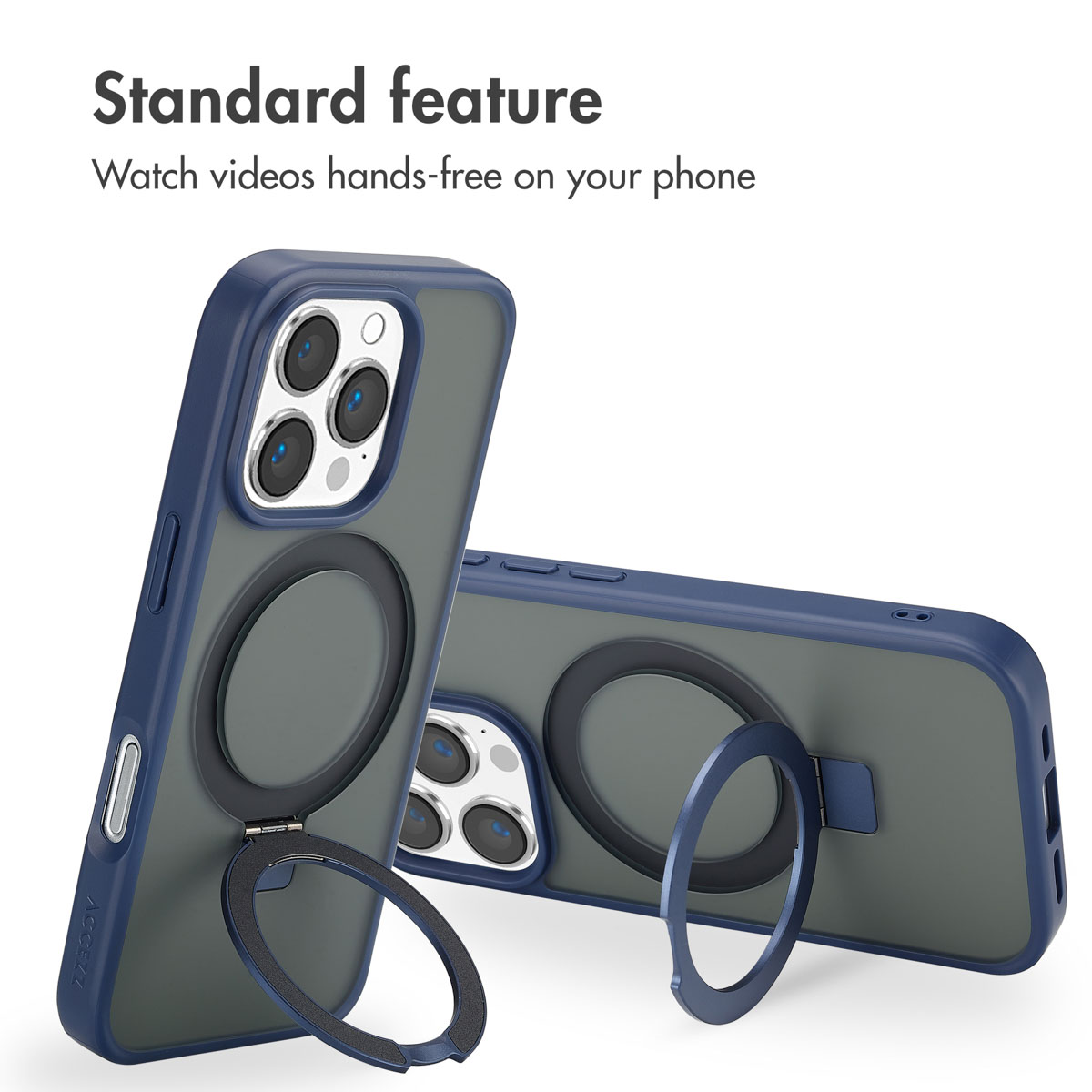 Blaue Smartphone-Hülle mit integriertem Ringständer auf weißem Hintergrund.