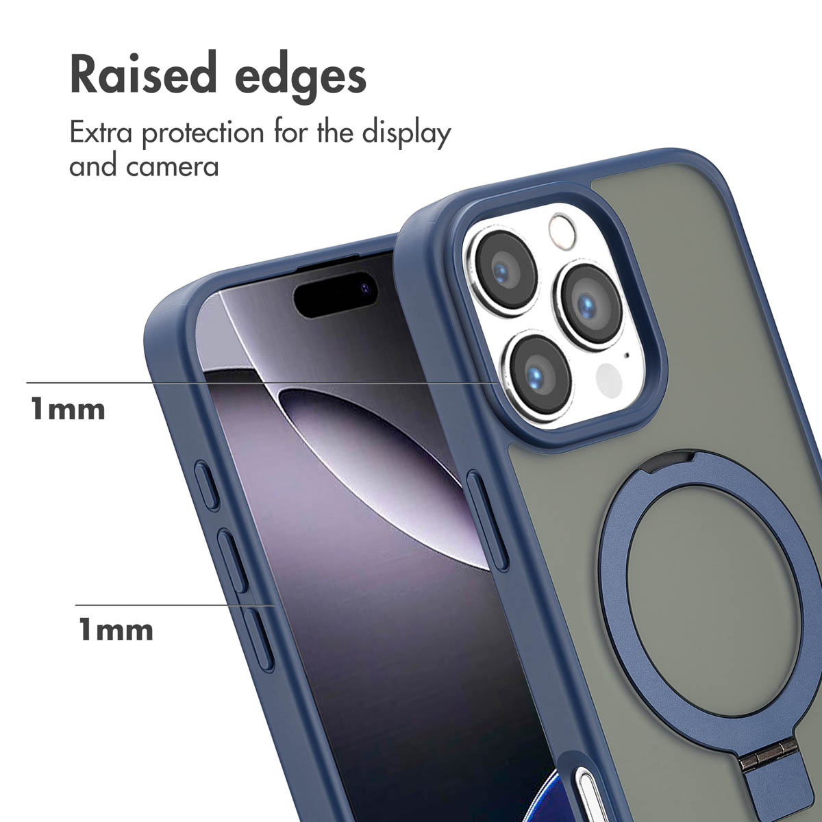 Blaue Smartphone-Hülle mit erhöhten Kanten für zusätzlichen Kamera- und Display-Schutz und Ring.