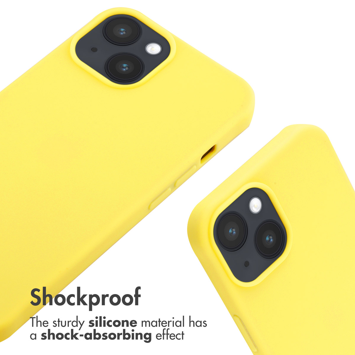Deux coques de smartphone jaunes en silicone antichoque sur fond blanc.