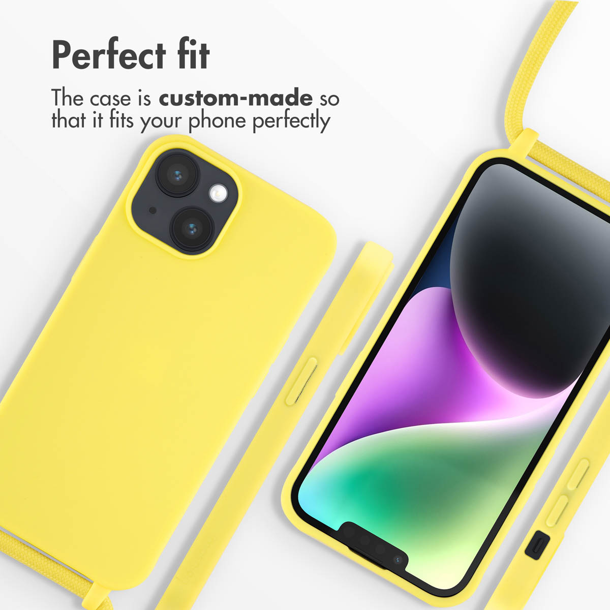 Coque de téléphone jaune sur deux téléphones, avec du texte disant ajustement parfait sur fond blanc.