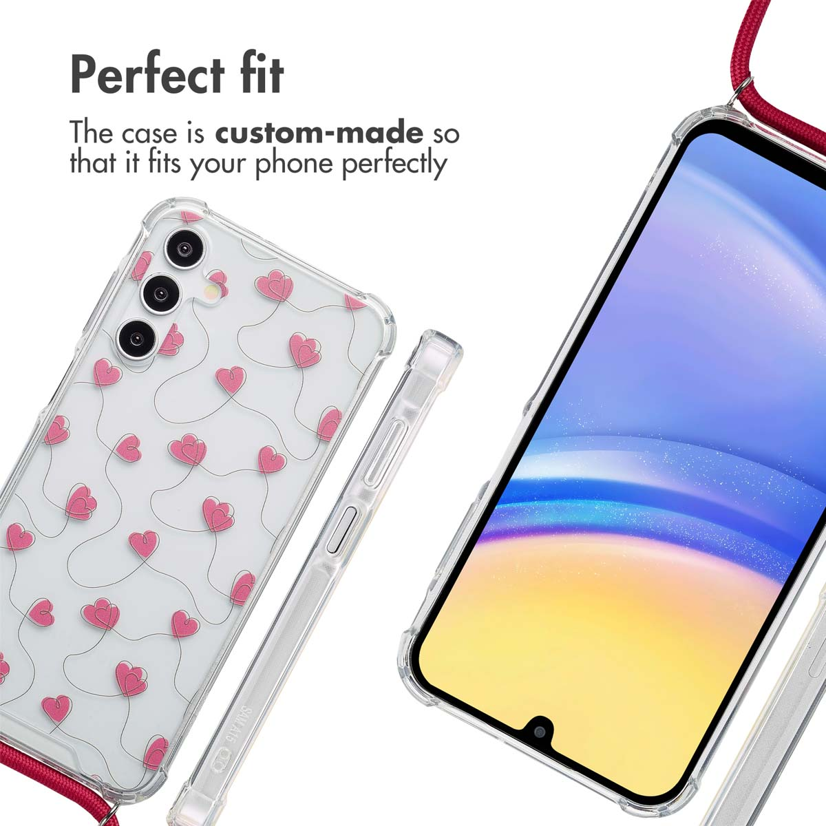 Custodia trasparente con cuori rosa, smartphone con laccio rosso e testo "Perfect fit".