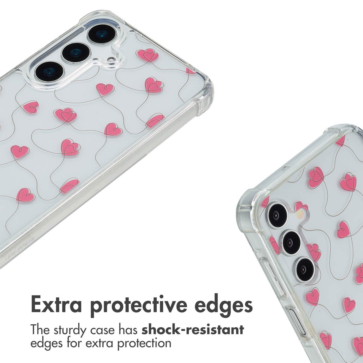 Custodia trasparente per telefono con cuori rosa e angoli antiurto.