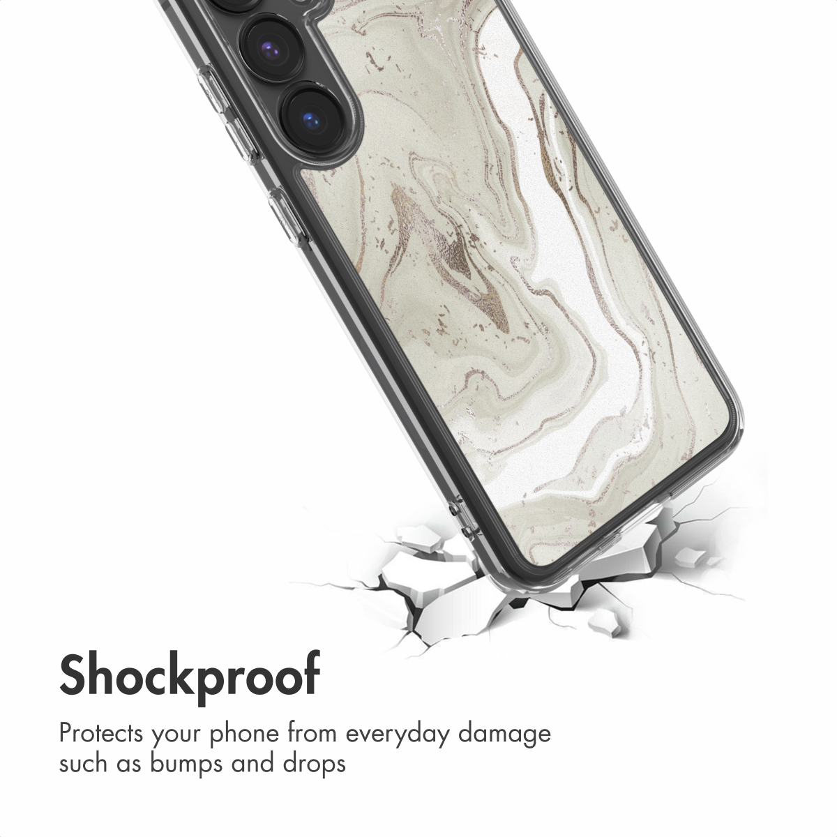 Funda antichoque con patrón de mármol sobre fondo blanco agrietado con texto.