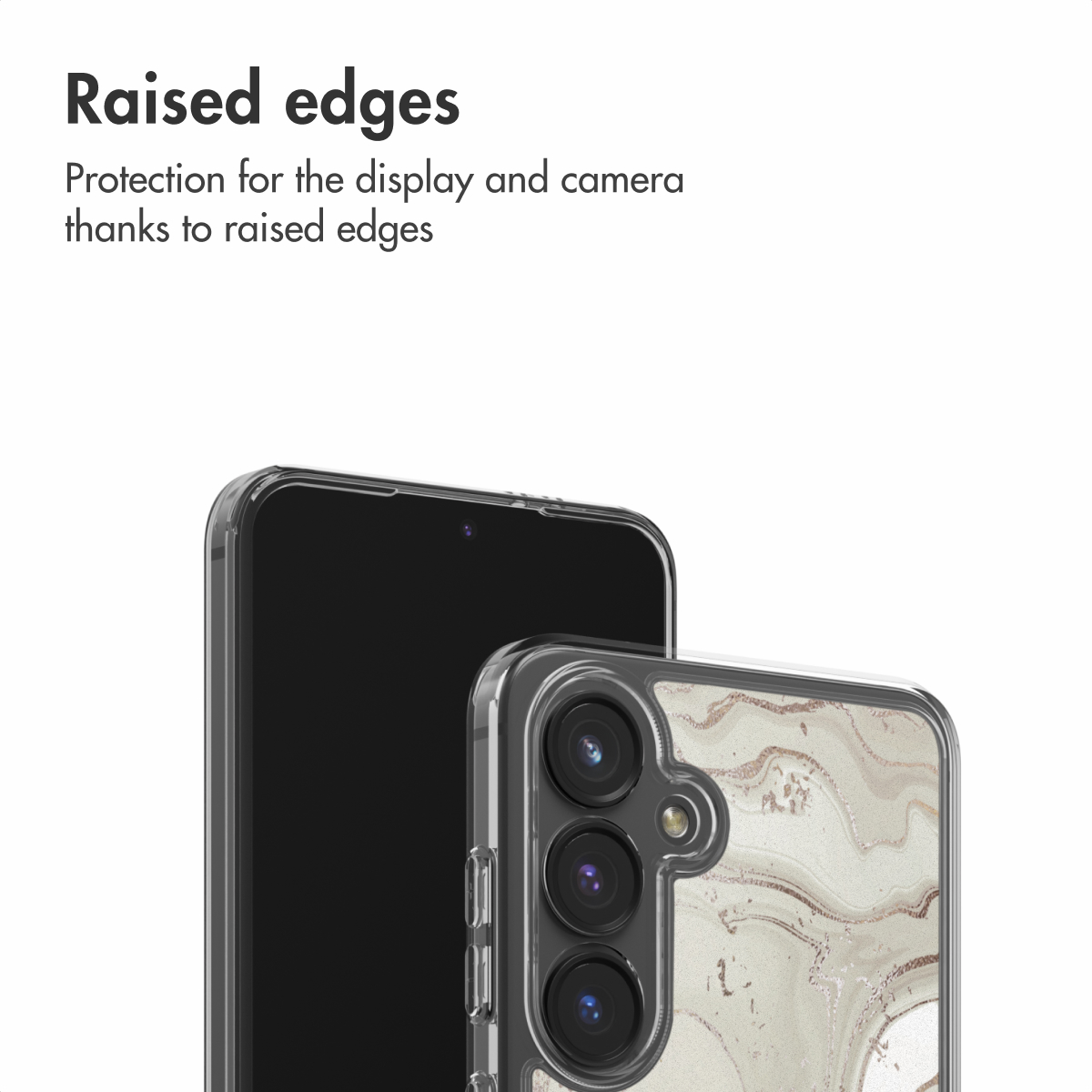 Los bordes elevados protegen la pantalla y la cámara de un teléfono inteligente con funda.