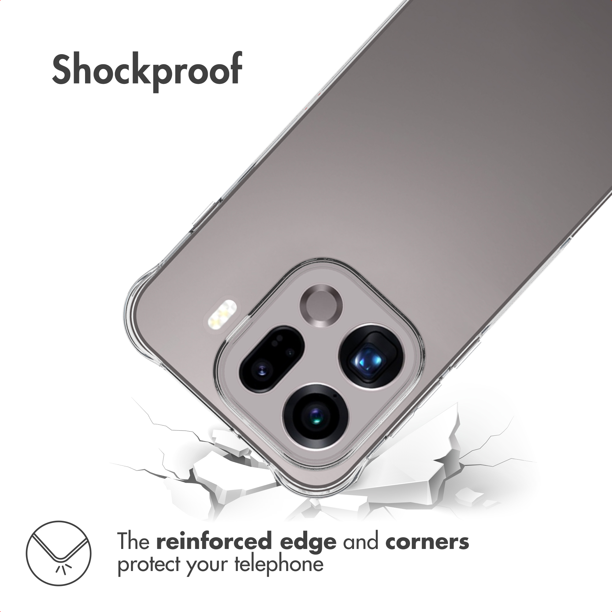 Fundas de móvil sobre fondo blanco con texto: Shockproof y The reinforced edge and corners protect your telephone.