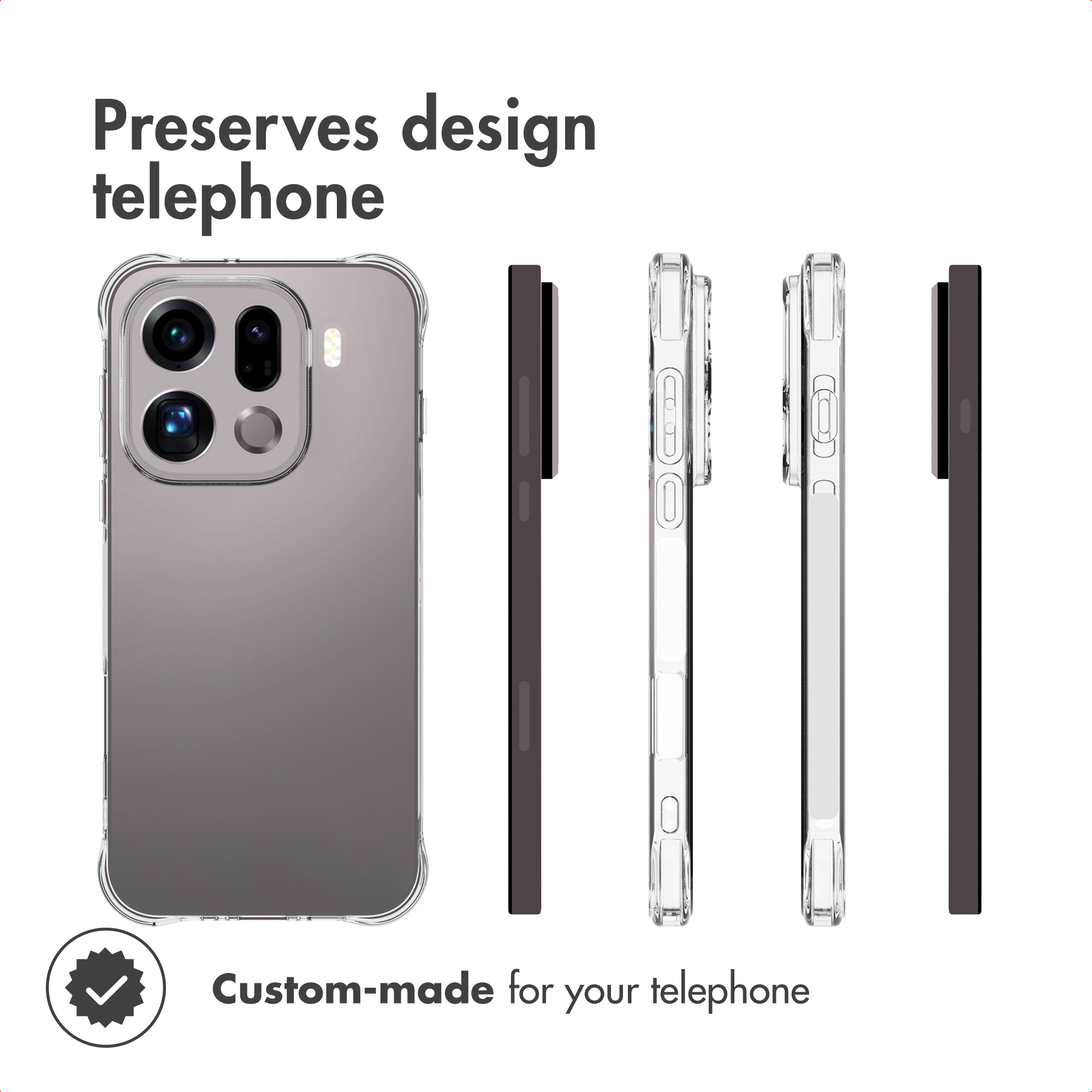 Funda transparente para teléfono desde múltiples ángulos con texto.