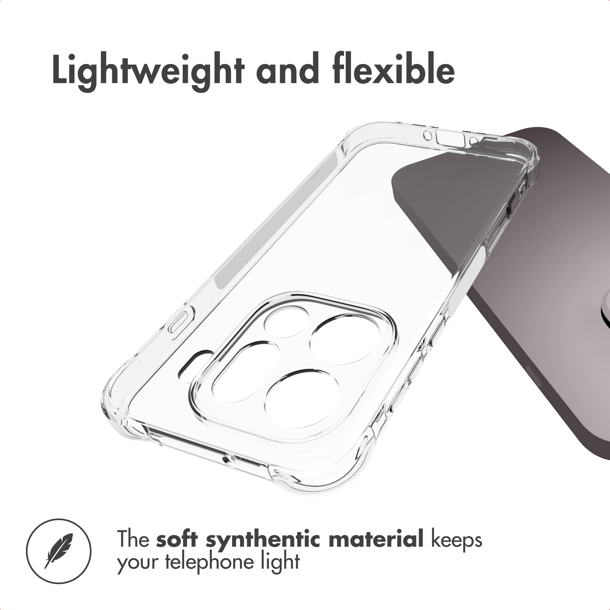 Funda de teléfono transparente, ligera y flexible junto a un smartphone gris.