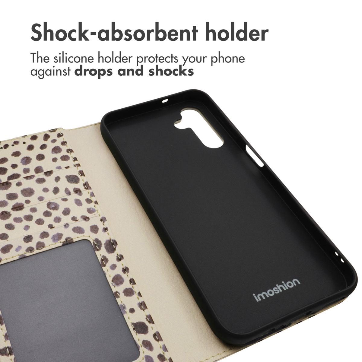Custodia per telefono aperta con stampa leopardata e supporto in silicone nero.