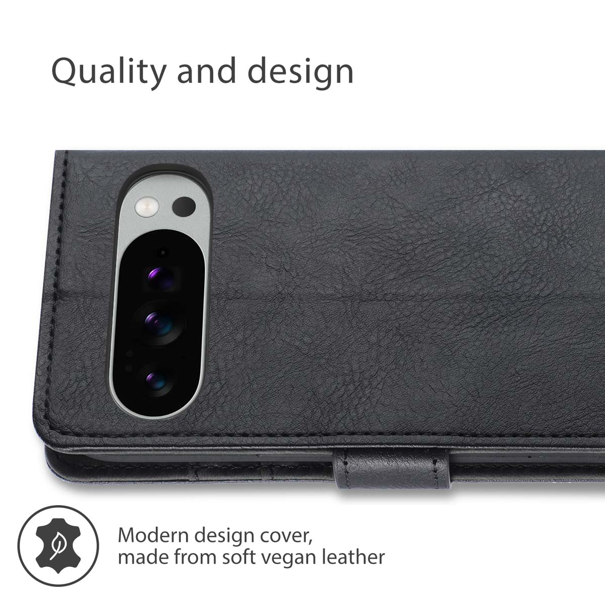 Custodia per telefono in pelle vegana nera con ritaglio per fotocamera e testo.
